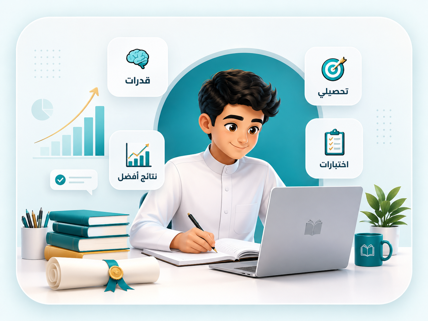 طالب يذاكر على اللابتوب ضمن تصميم أكاديمية المناوي